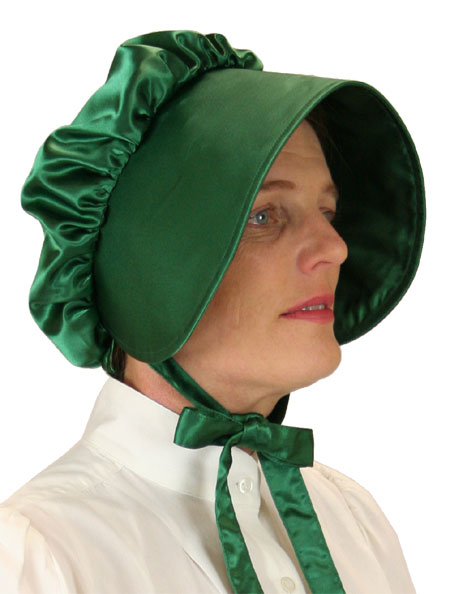  Victorian Old West Edwardian Ladies Hats Green Satin Synthetic Solid Bonnets |Antique Vintage Fashioned Wedding Theatrical Reenacting Costume | Dickens