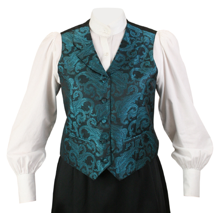  Victorian Old West Edwardian Ladies Vests Green Blue Satin Microfiber Synthetic Paisley Dress |Antique Vintage Fashioned Wedding Theatrical Reenacting Costume |