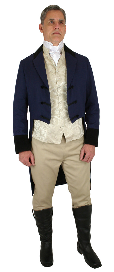  Regency Mens Coats Blue Cotton Velvet Canvas Tail |Antique Vintage Old Fashioned Wedding Theatrical Reenacting Costume |