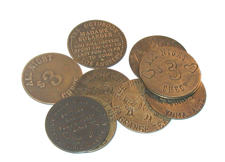 THIRTEEN ASSORTED STYLES TOKENS OF THE OLD WEST 13 BROTHEL TOKENS 