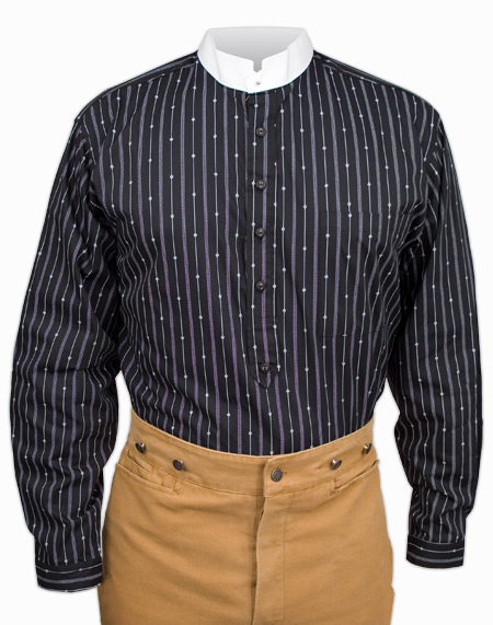 Vintage Mens Black Cotton Stripe Stand Collar Dress Shirt | Romantic | Old Fashioned | Traditional | Classic || Earp Stripe Shirt