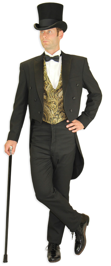 Victorian Mens Black Wool Solid Peak Collar Tail Coat | Dickens | Downton Abbey | Edwardian || Victorian Formal Tailcoat - Black Wool