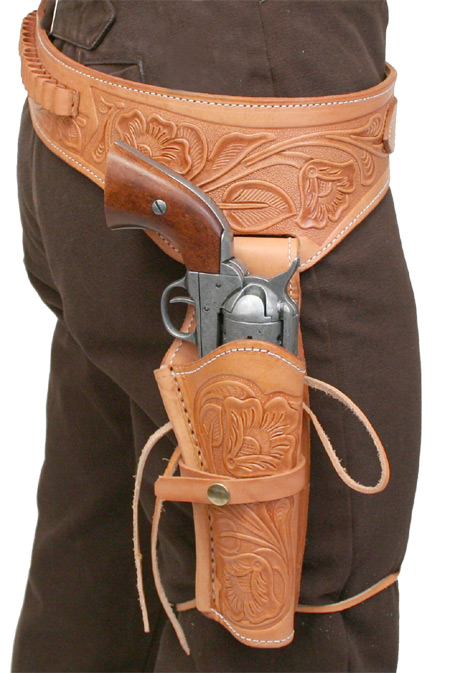 34" to 52" Brown .45 Caliber Leather Gun Belt Combo Tooled Holster 