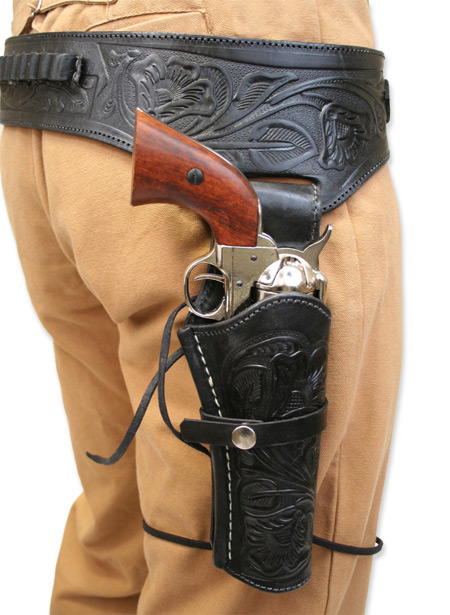 44 .45 cal Western Gun Belt and Holster RH Draw Black Tooled Leather