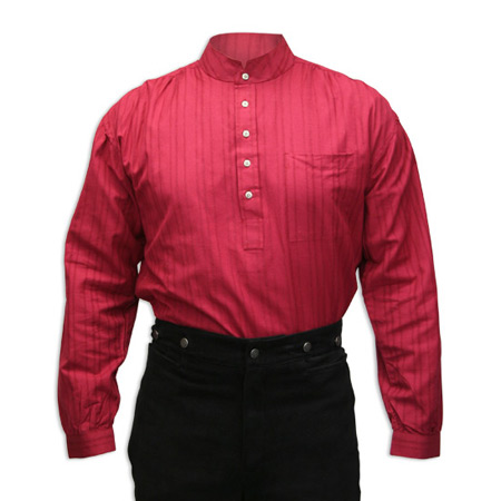 Wedding Mens Burgundy Cotton Stripe Band Collar Work Shirt | Formal | Bridal | Prom | Tuxedo || Flatiron Shirt - Burgundy