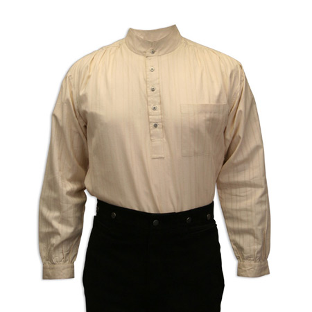 Victorian Mens Ivory Cotton Stripe Band Collar Dress Shirt | Dickens | Downton Abbey | Edwardian || Flatiron Shirt - Natural