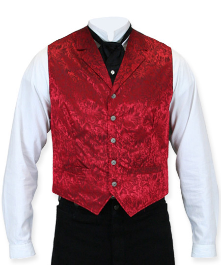 Victorian Mens Red Silk Floral Notch Collar Dress Vest | Dickens | Downton Abbey | Edwardian || Twin City Silk Vest - Red