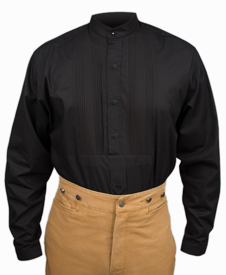 Victorian Mens Black Cotton Solid Band Collar Dress Shirt | Dickens | Downton Abbey | Edwardian || Pleated Dress Shirt - Black