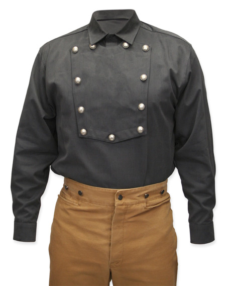 Steampunk Mens Gray Cotton Solid Point Collar Bib Shirt | Gothic | Pirate | LARP | Cosplay | Retro | Vampire || Brushed Twill Longhorn Shirt - Gray