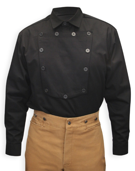 Victorian Mens Black Cotton Solid Point Collar Bib Shirt | Dickens | Downton Abbey | Edwardian || Cavalry Bib Shirt - Black