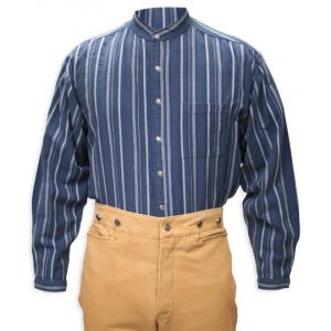  Old West Mens Shirts Blue Cotton Stripe Work Shirts |Antique, Vintage, Old Fashioned, Wedding, Theatrical, Reenacting Costume |