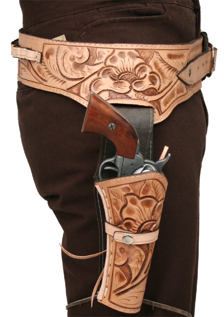 4445 Cal Western Gun Belt And Holster Rh Draw Natural Tooled Leather 5078