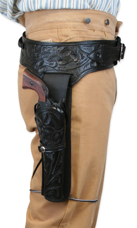 44/.45 cal) Western Gun Belt and Holster - RH Draw - Black Tooled