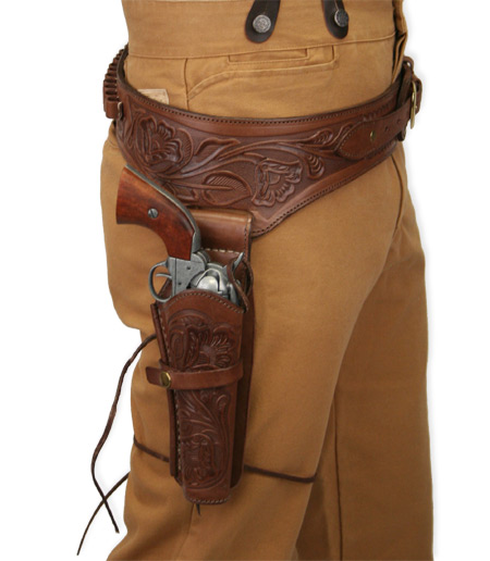 Vintage Mens Chocolate,Brown Leather Tooled Gunbelt Holster Combo | Romantic | Old Fashioned | Traditional | Classic || (.44/.45 cal) Western Gun Belt and Holster - RH Draw - Chocolate Brown Tooled Leather