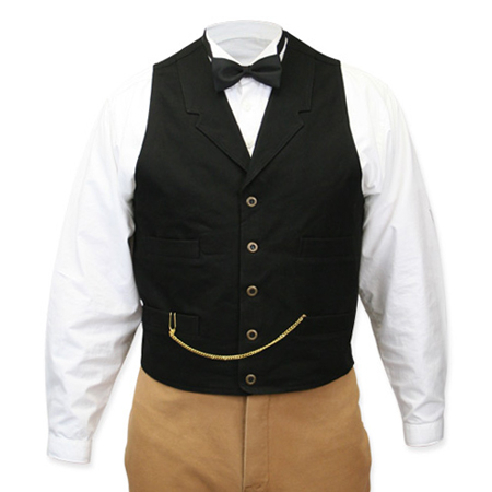 Steampunk Mens Black Cotton Solid Notch Collar Work Vest | Gothic | Pirate | LARP | Cosplay | Retro | Vampire || Classic Canvas Work Vest - Black