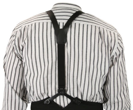 Victorian Mens Black Leather Y-Back Braces Suspenders | Dickens | Downton Abbey | Edwardian || Leather Buckle Suspenders - Black (Long)