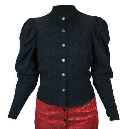 Vintage Ladies Black Cotton Blend Floral Band Collar Blouse | Romantic | Old Fashioned | Traditional | Classic || Millicent Button Front Blouse - Black