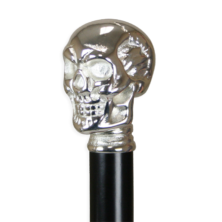 Victorian Mens Silver Silver Plated,Wood Cane | Dickens | Downton Abbey | Edwardian || Skull Cane - Silver Tone