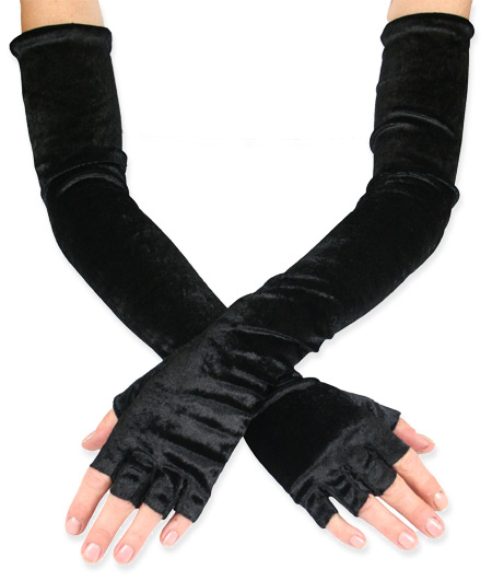 black fingerless elbow length gloves