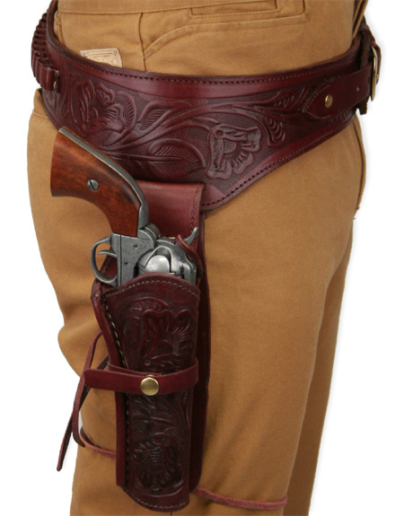 (.22 cal) Western Gun Belt and Holster - RH Draw - Wine-Colored Tooled ...