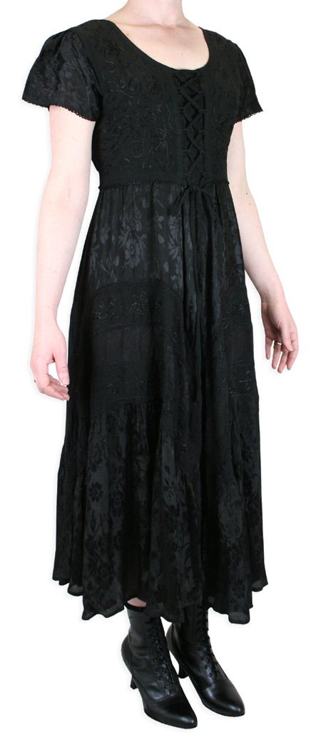 Victorian Ladies Black Print Dress | Dickens | Downton Abbey | Edwardian || Persephone Cap Sleeve Dress - Black