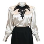 (disco)-Satin Blouse - Ivory with Black Lace
