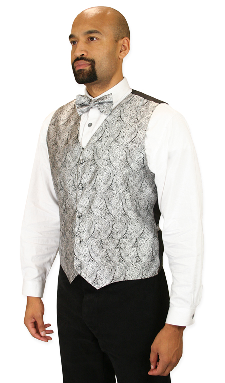 Steampunk Mens Silver Paisley No Collar Dress Vest | Gothic | Pirate | LARP | Cosplay | Retro | Vampire || Montgomery Vest and 2 Ties Set - Silver