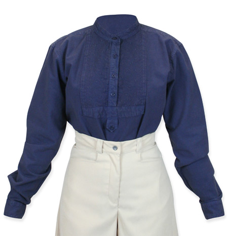 Vintage Ladies Blue Cotton Solid Band Collar Blouse | Romantic | Old Fashioned | Traditional | Classic || Ladies Essential Work Shirt - Blue