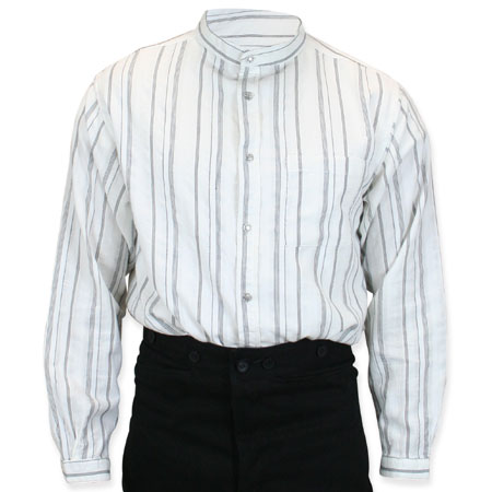 Victorian Mens Black,White Cotton Stripe Band Collar Work Shirt | Dickens | Downton Abbey | Edwardian || Lawman Stripe Shirt - White