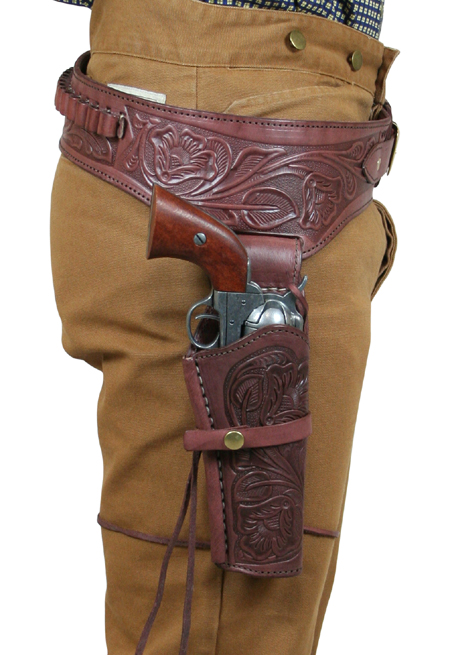 (.44/.45 RH) Western Gun Belt and Holster - RH Draw - Clay-Colored Tooled  Leather