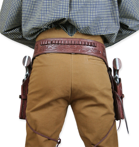 (.44/.45 cal) Western Gun Belt and Holster - Double - Clay Tooled Leather