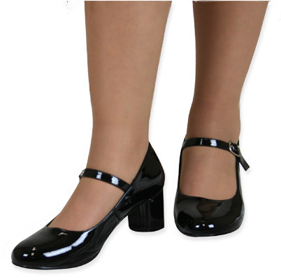 Vintage Ladies Black Faux Leather Shoes | Romantic | Old Fashioned | Traditional | Classic || Mid-Heel Mary Jane Shoes - Black
