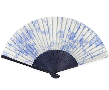 Vintage Ladies Blue Wood,Silk Fan | Romantic | Old Fashioned | Traditional | Classic || Silk Fan - Cornflower Blue Floral
