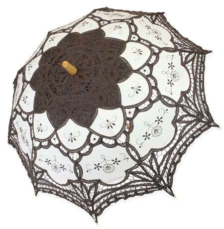 Embroidered Battenberg Lace Parasol - Brown/Ecru