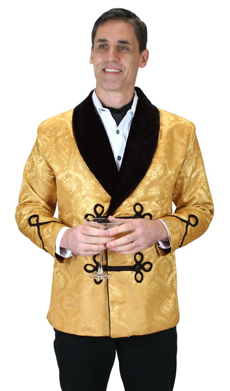 Victorian Mens Gold Floral Shawl Collar Smoking Jacket | Dickens | Downton Abbey | Edwardian || Vintage Smoking Jacket - Gold Brocade
