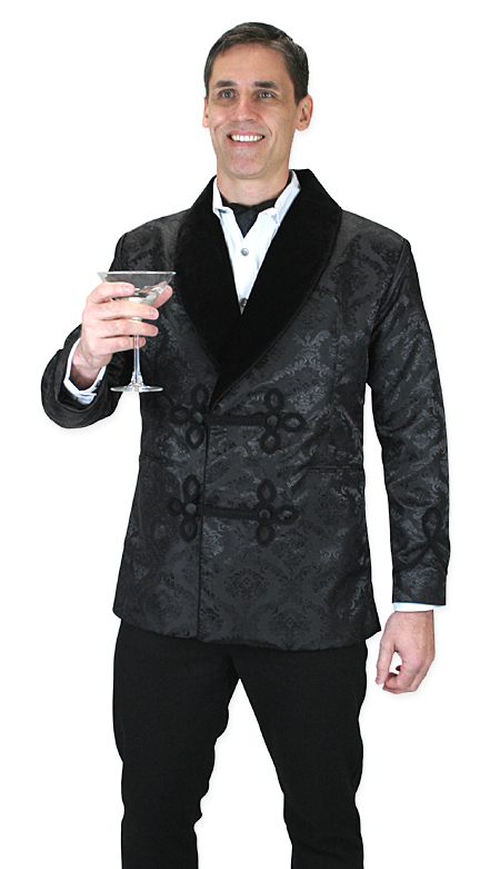 Victorian Mens Black Floral Shawl Collar Smoking Jacket | Dickens | Downton Abbey | Edwardian || Vintage Smoking Jacket - Black Brocade