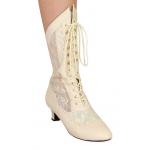  Victorian,Old West,Steampunk, Ladies Footwear Ivory Faux Leather Solid,Lacy Calf Boots |Antique, Vintage, Old Fashioned, Wedding, Theatrical, Reenacting Costume | Dickens