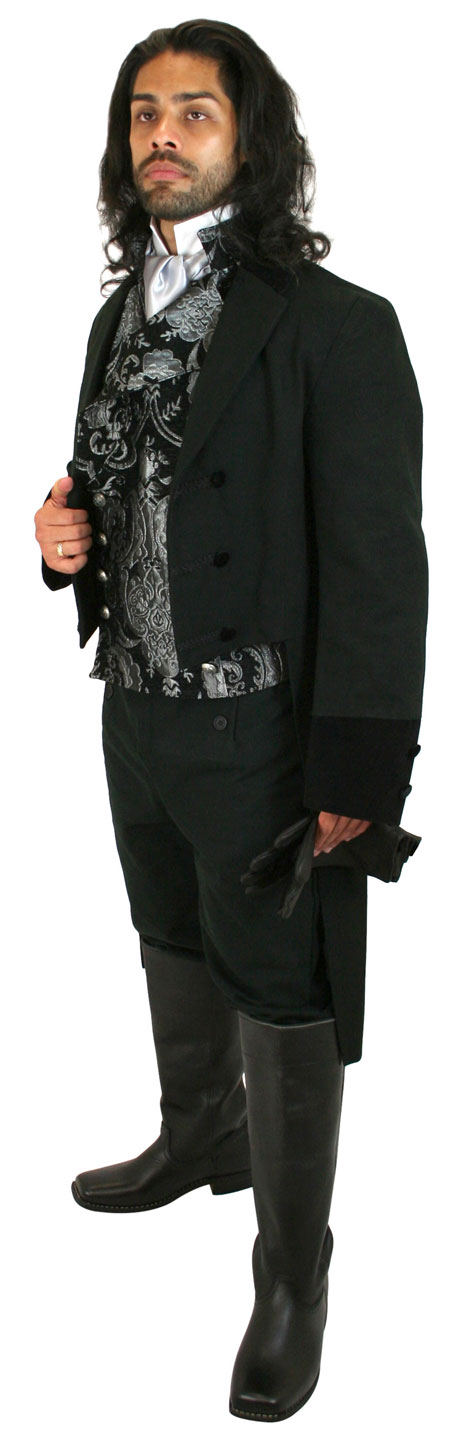 Wedding Mens Black Cotton,Velvet Solid Notch Collar Tail Coat | Formal | Bridal | Prom | Tuxedo || Sovereign Regency Tailcoat - Black