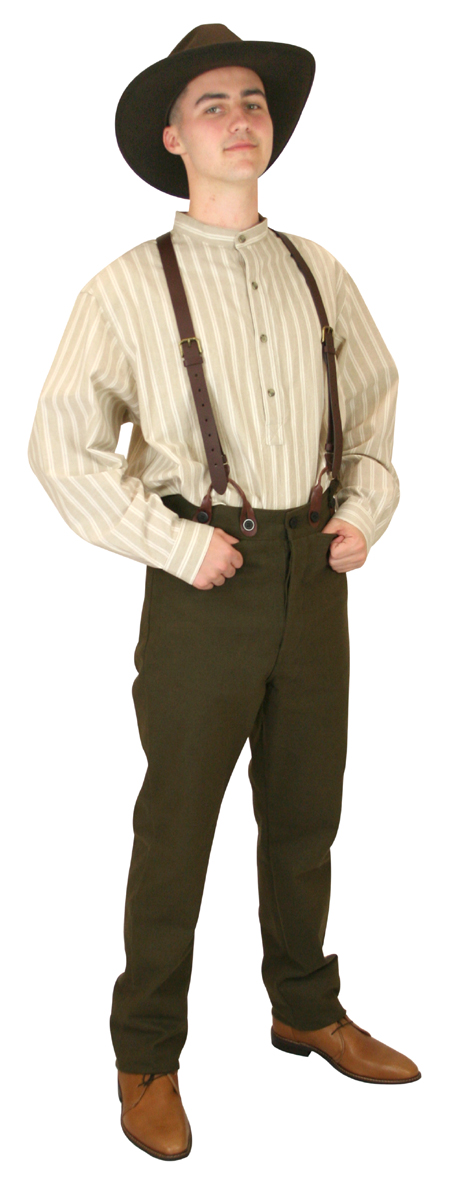 Victorian Mens Tan,Brown Cotton Stripe Band Collar Work Shirt | Dickens | Downton Abbey | Edwardian || Ballard Shirt - Tan Stripe