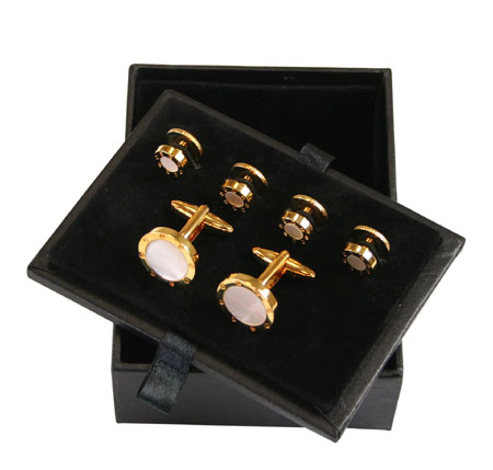 Ringed Mother of Pearl Cufflink and Stud Set - Gold