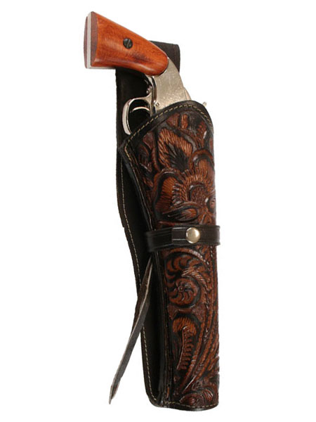 1800s Mens Brown,Two-Tone Leather Tooled Holster | 19th Century | Historical | Period Clothing | Theatrical || Western Holster - RH Draw (Extra-Long Barrel) - Two-Tone Brown Tooled Leather