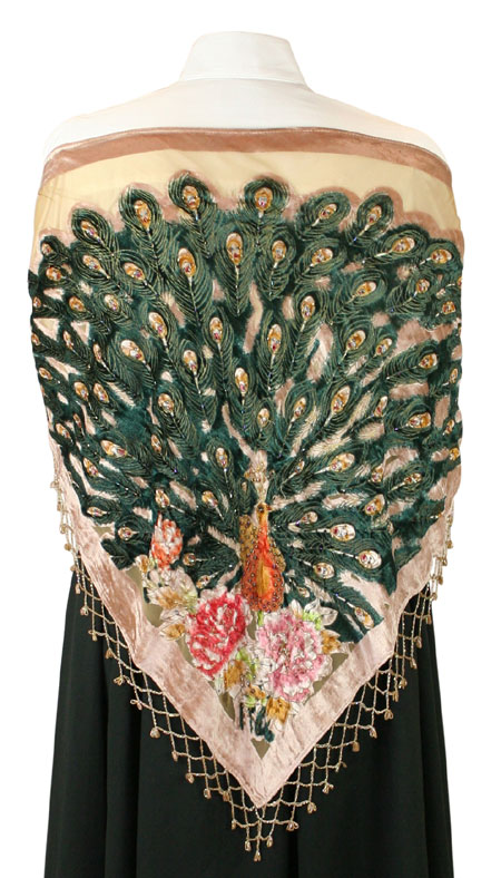 Beaded Peacock Shawl - Beige Velvet