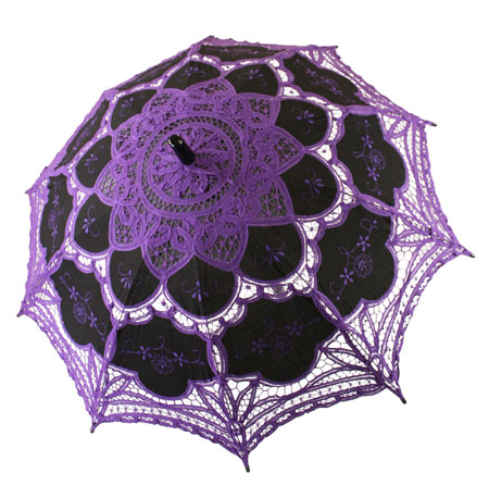 Embroidered Battenberg Lace Parasol - Purple/Black
