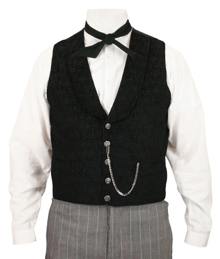 Victorian Mens Black Floral Shawl Collar Dress Vest | Dickens | Downton Abbey | Edwardian || Heathcliff Vest - Black Tapestry