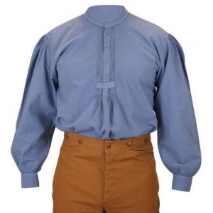  Victorian,Old West,Steampunk,Edwardian Mens Shirts Blue Cotton Solid Work Shirts,Pioneer Shirts |Antique, Vintage, Old Fashioned, Wedding, Theatrical, Reenacting Costume |