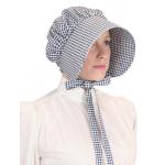  Victorian,Old West Ladies Hats Navy Cotton Check,Plaid Bonnets |Antique, Vintage, Old Fashioned, Wedding, Theatrical, Reenacting Costume |