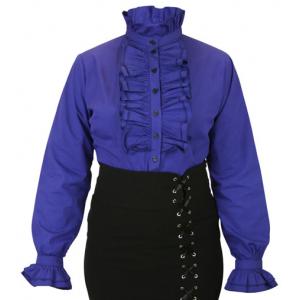  Victorian,Steampunk,Edwardian Ladies Blouses Blue Cotton Solid Traditional Fit Blouses,Fancy Blouses,Colorful Blouses |Antique, Vintage, Old Fashioned, Wedding, Theatrical, Reenacting Costume |