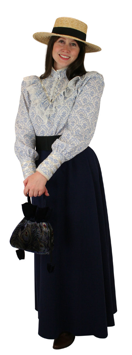 Vintage Ladies Blue Cotton Floral,Lacy Stand Collar Blouse | Romantic | Old Fashioned | Traditional | Classic || Weddington Blouse - Light Blue