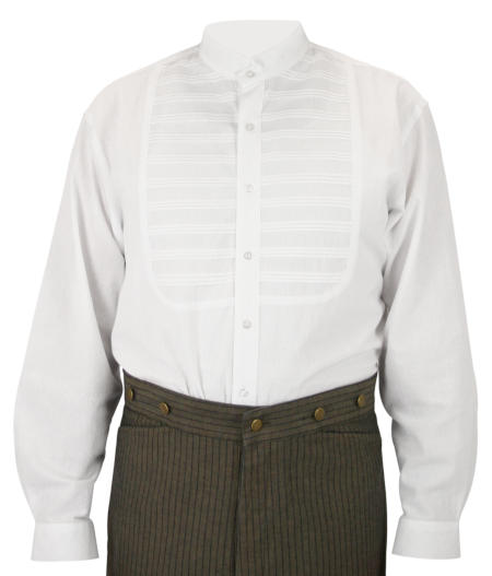 Victorian Mens White Cotton Solid Band Collar Work Shirt | Dickens | Downton Abbey | Edwardian || Goddard Shirt - White
