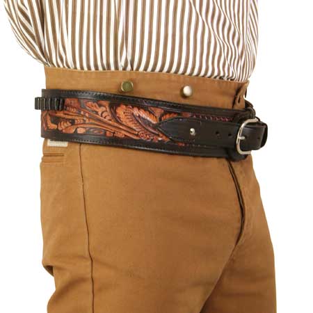 (.38/.357 cal) High-Rider Western Cartridge Belt - Two-Tone Brown Tooled Leather